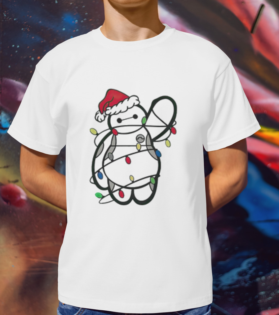 Baymax Wrapped In Christmas Lights Wearing Santa Hat T-Shirt