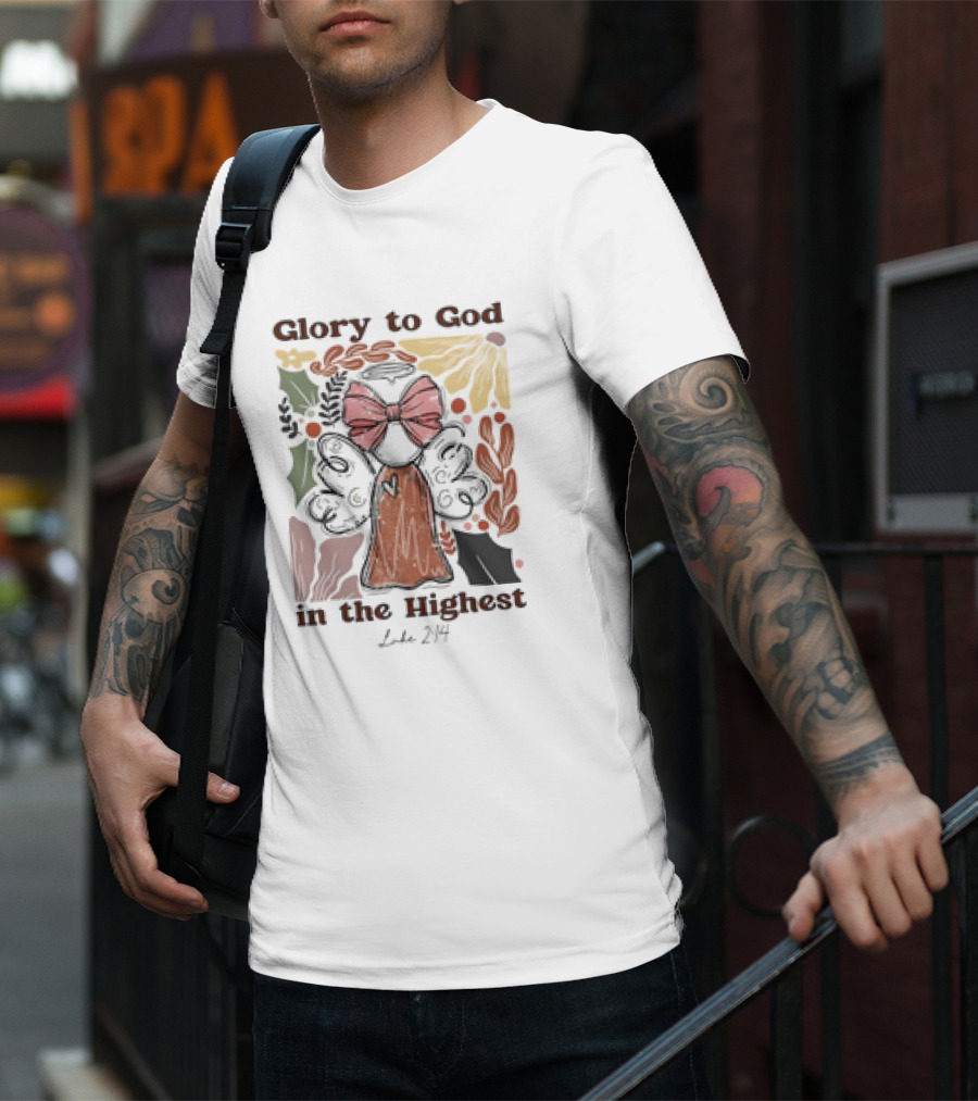 Glory To God In The Highest Luke 2:14 Retro Vintage Christian Angel Bow T-Shirt