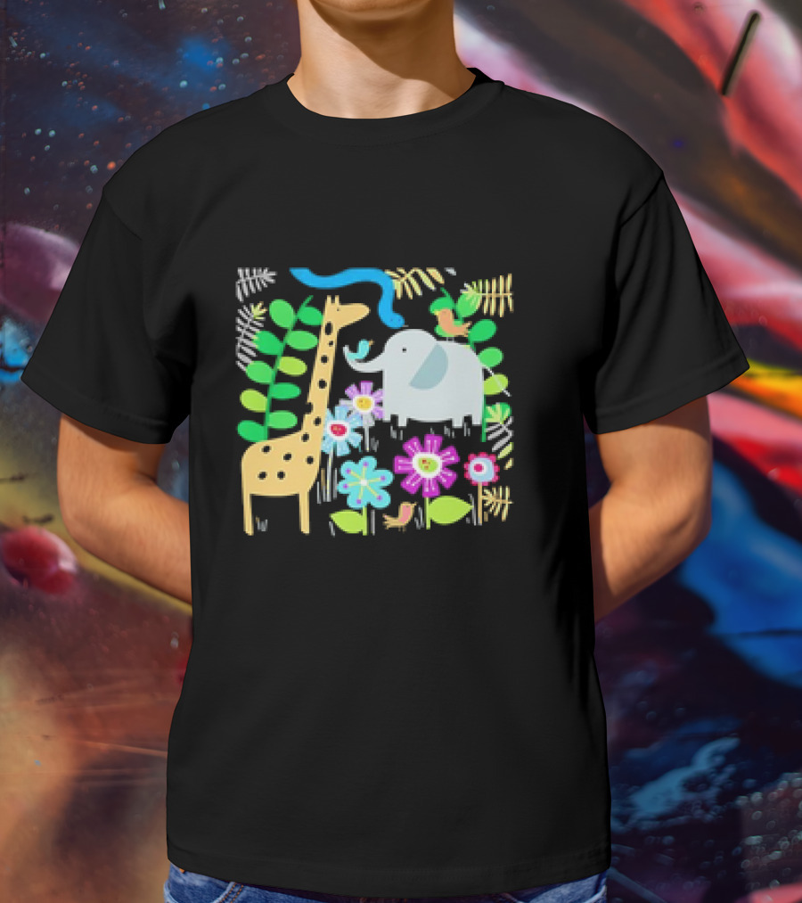Safari Animal Party Jungle Giraffe Elephant Floral T-Shirt