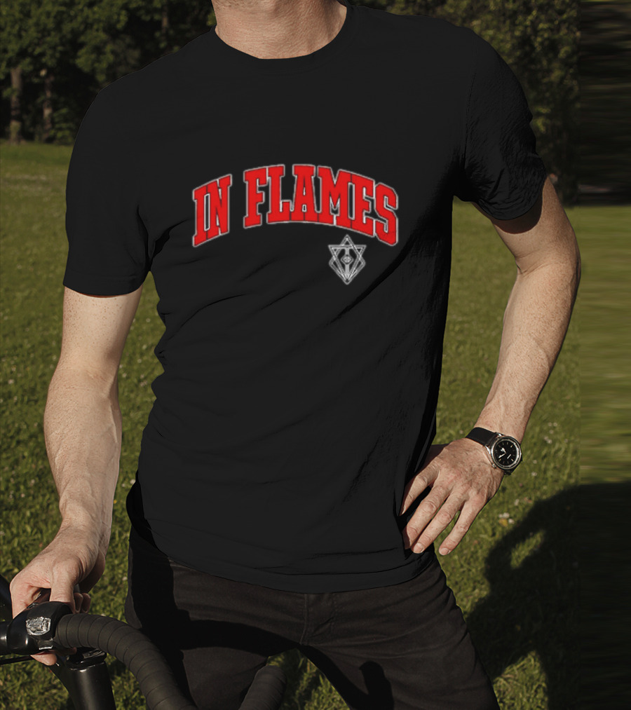 In Flames Red Collegiate Text With Geometric T-Shirt