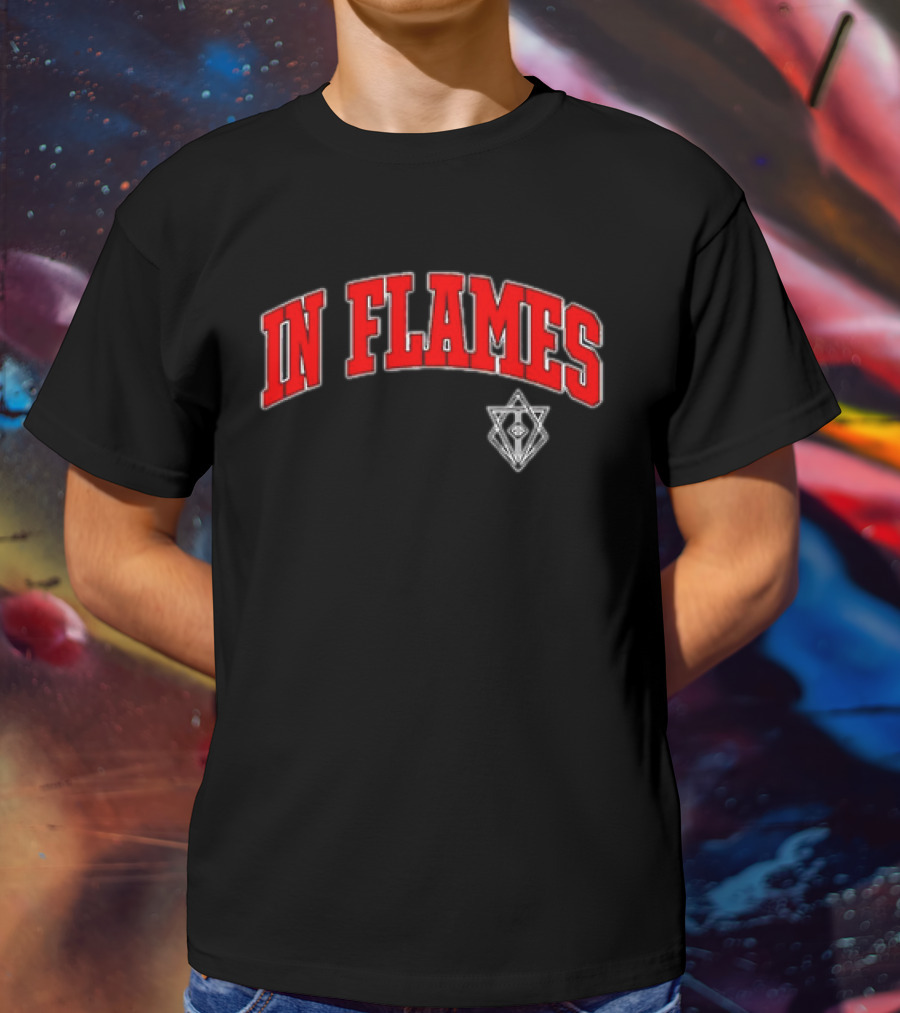 In Flames Red Collegiate Text With Geometric T-Shirt