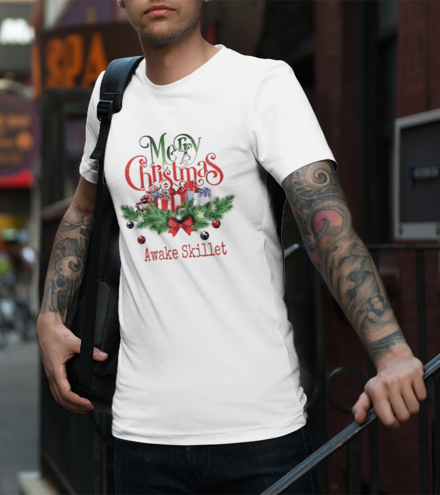 Merry Christmas Awake Skillet Festive Presents And Pine Garland T-Shirt