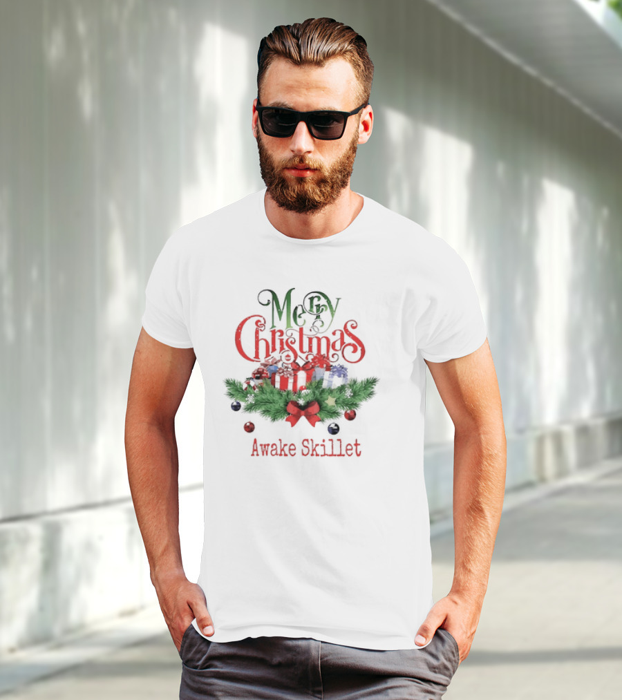 Merry Christmas Awake Skillet Festive Presents And Pine Garland T-Shirt