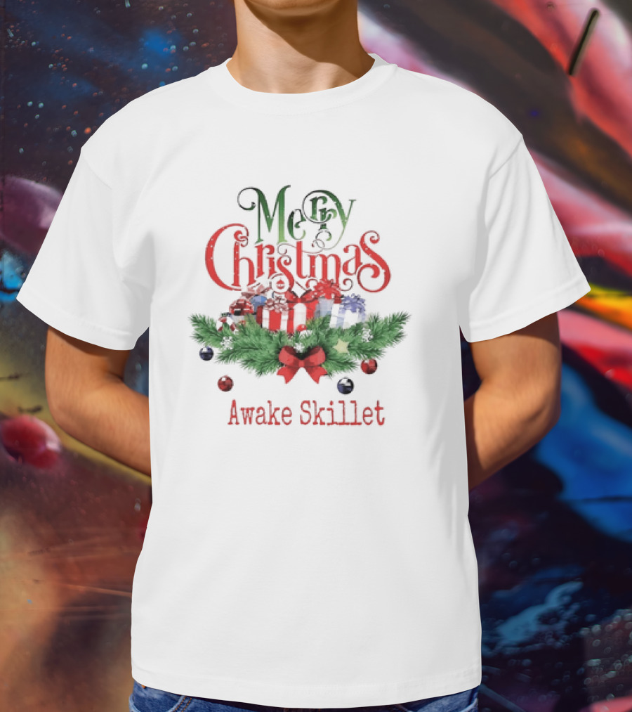 Merry Christmas Awake Skillet Festive Presents And Pine Garland T-Shirt