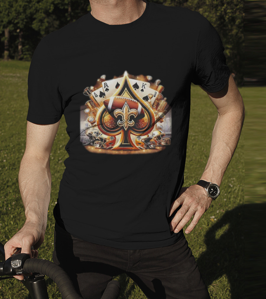 New Orleans Saints Gold Spade Football And Fleur-de-Lis With Playing Cards And Helmets T-Shirt