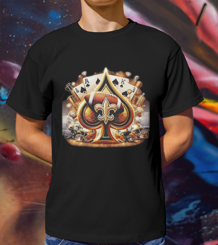 New Orleans Saints Gold Spade Football And Fleur-de-Lis With Playing Cards And Helmets T-Shirt