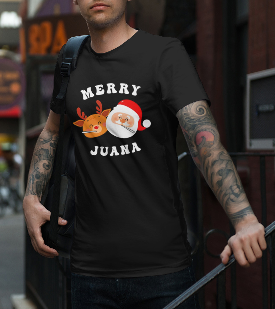 Merry Juana Christmas Santa And Reindeer Smoking Holiday Fun T-Shirt