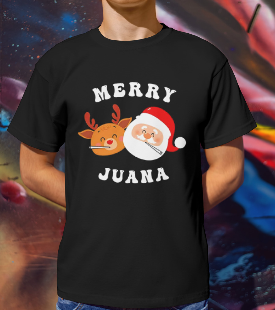 Merry Juana Christmas Santa And Reindeer Smoking Holiday Fun T-Shirt