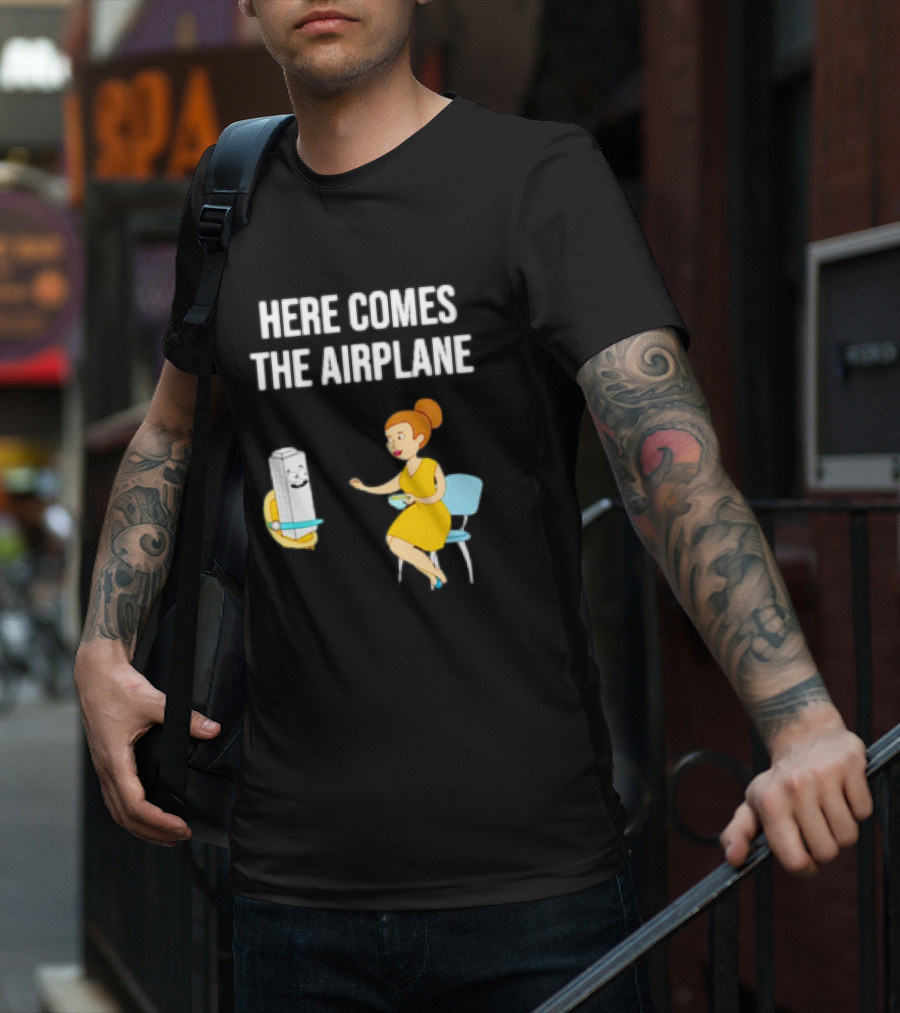 HERE COMES THE AIRPLANE CARTOON TOILET PAPER AND WOMAN ON CHAIR T-Shirt