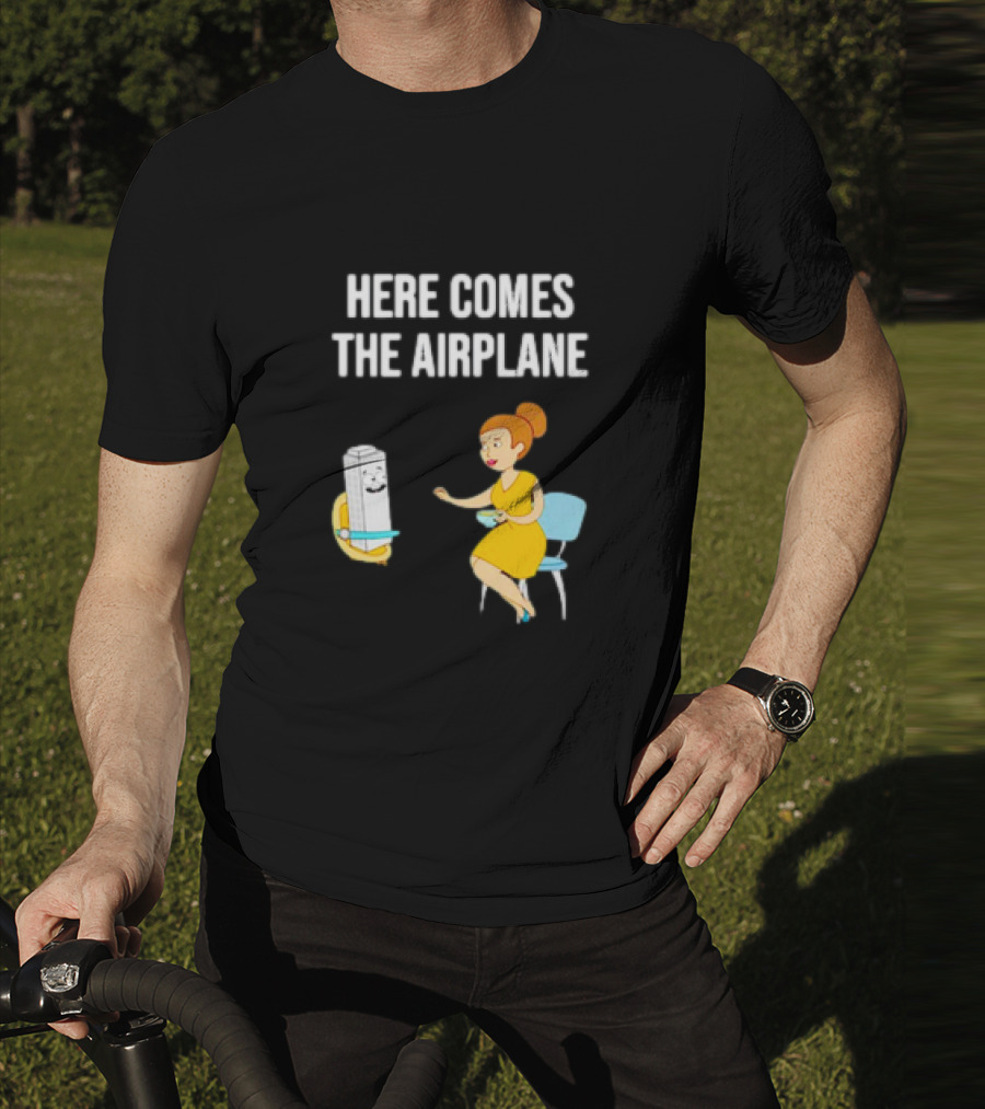 HERE COMES THE AIRPLANE CARTOON TOILET PAPER AND WOMAN ON CHAIR T-Shirt