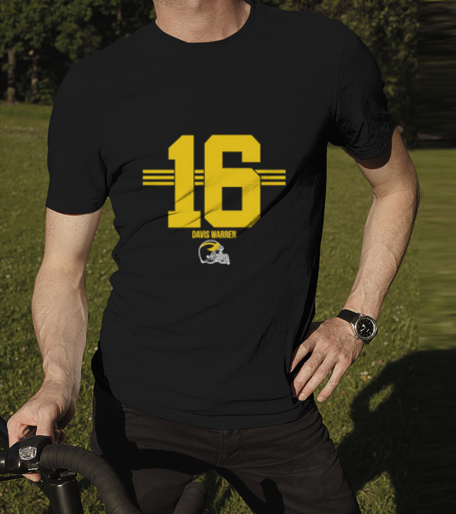 Michigan Football Davis Warren 16 Yellow Stripe Helmet T-Shirt