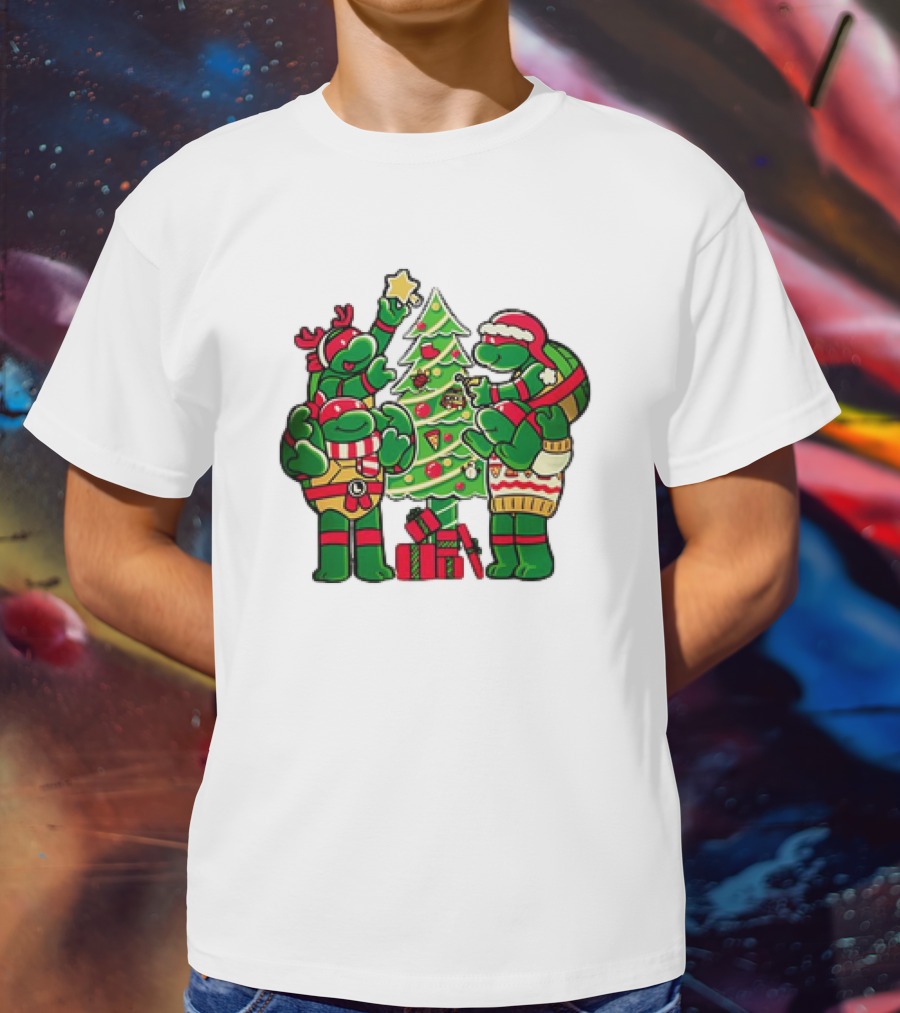 Cozy Xmas Teenage Mutant Ninja Turtles Christmas Tree Decorating Scene T-Shirt