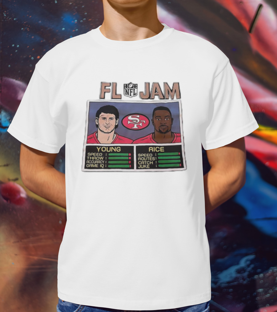 NFL Jam San Francisco 49ers Young Rice Speed Throw Catch T-Shirt