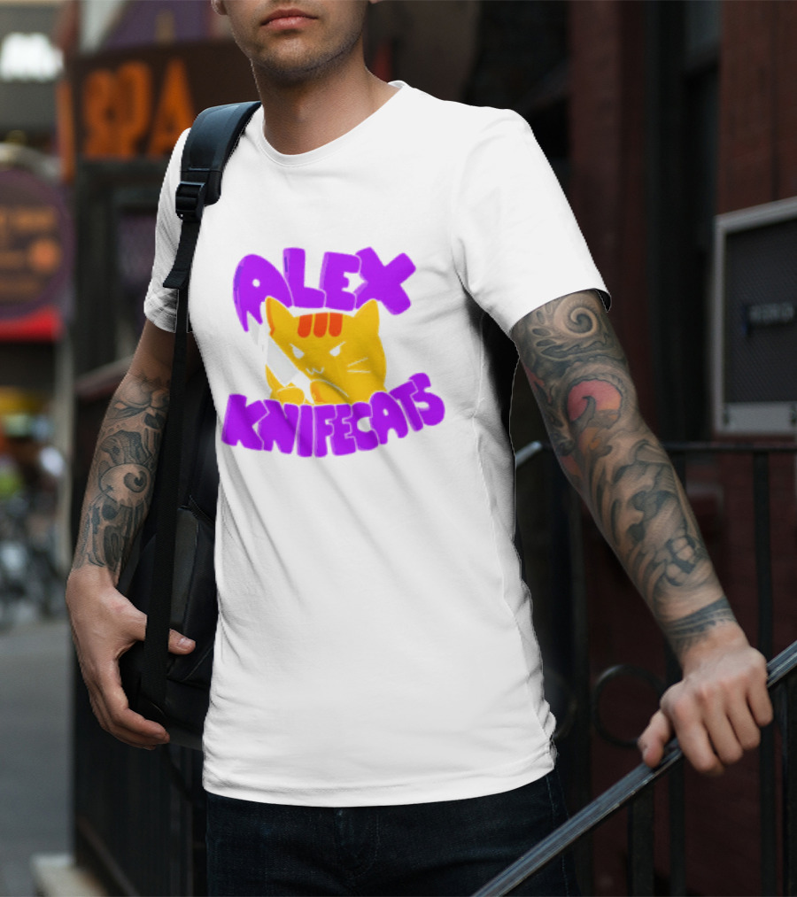 Alex Knifecats Orange Cat Purple Text T-Shirt