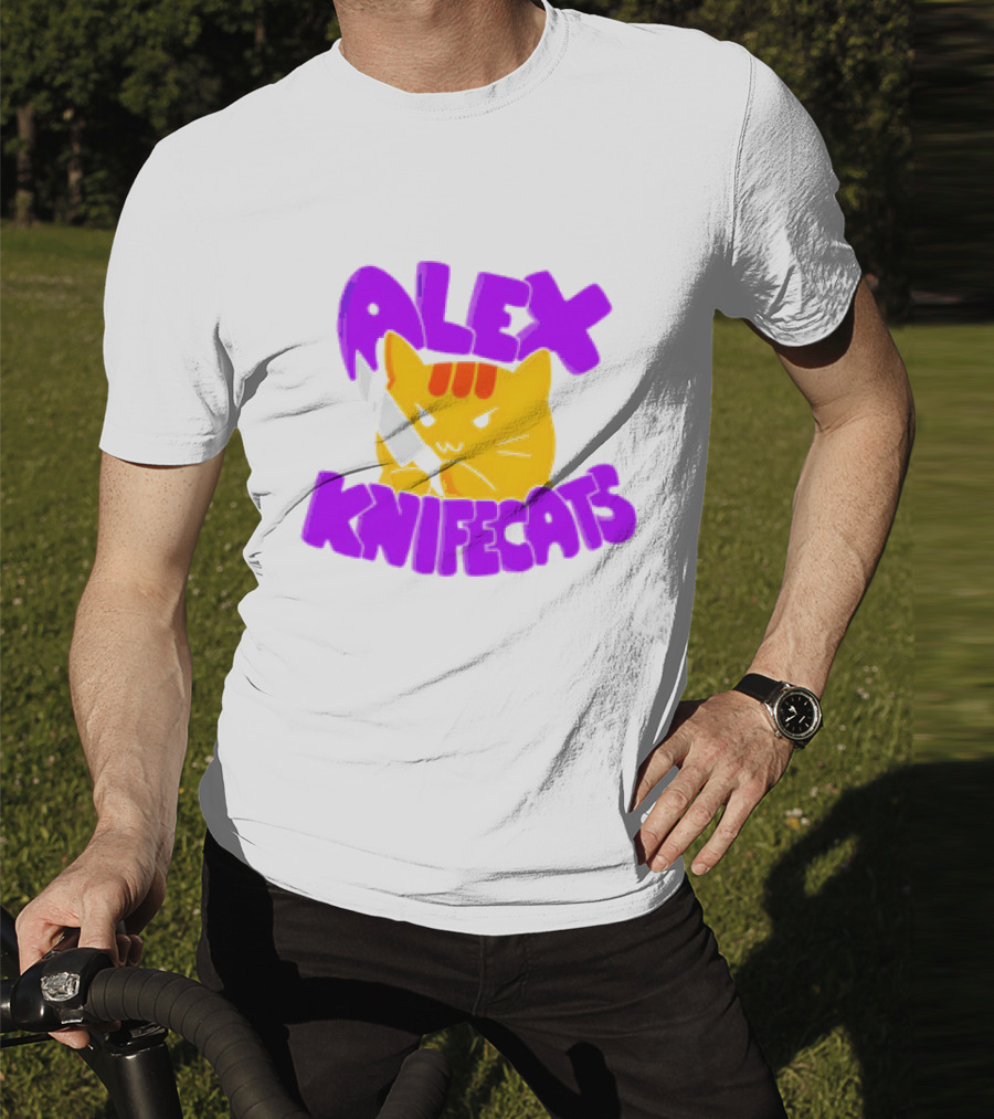 Alex Knifecats Orange Cat Purple Text T-Shirt