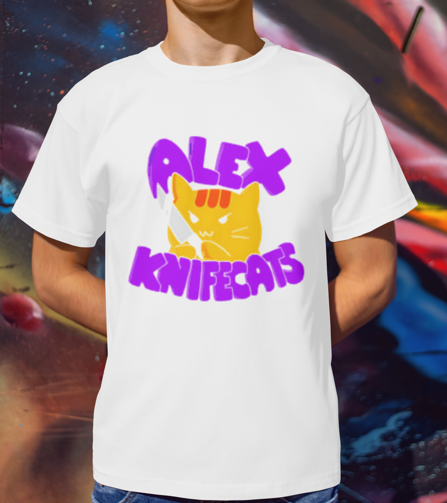 Alex Knifecats Orange Cat Purple Text T-Shirt