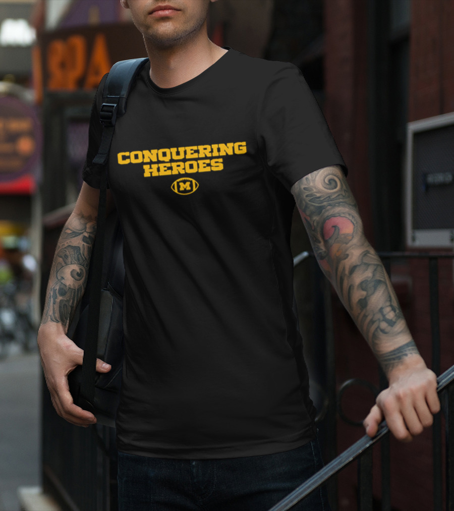 Dave Portnoy Wearing Conquering Heroes Michigan Wolverines M Logo Football T-Shirt