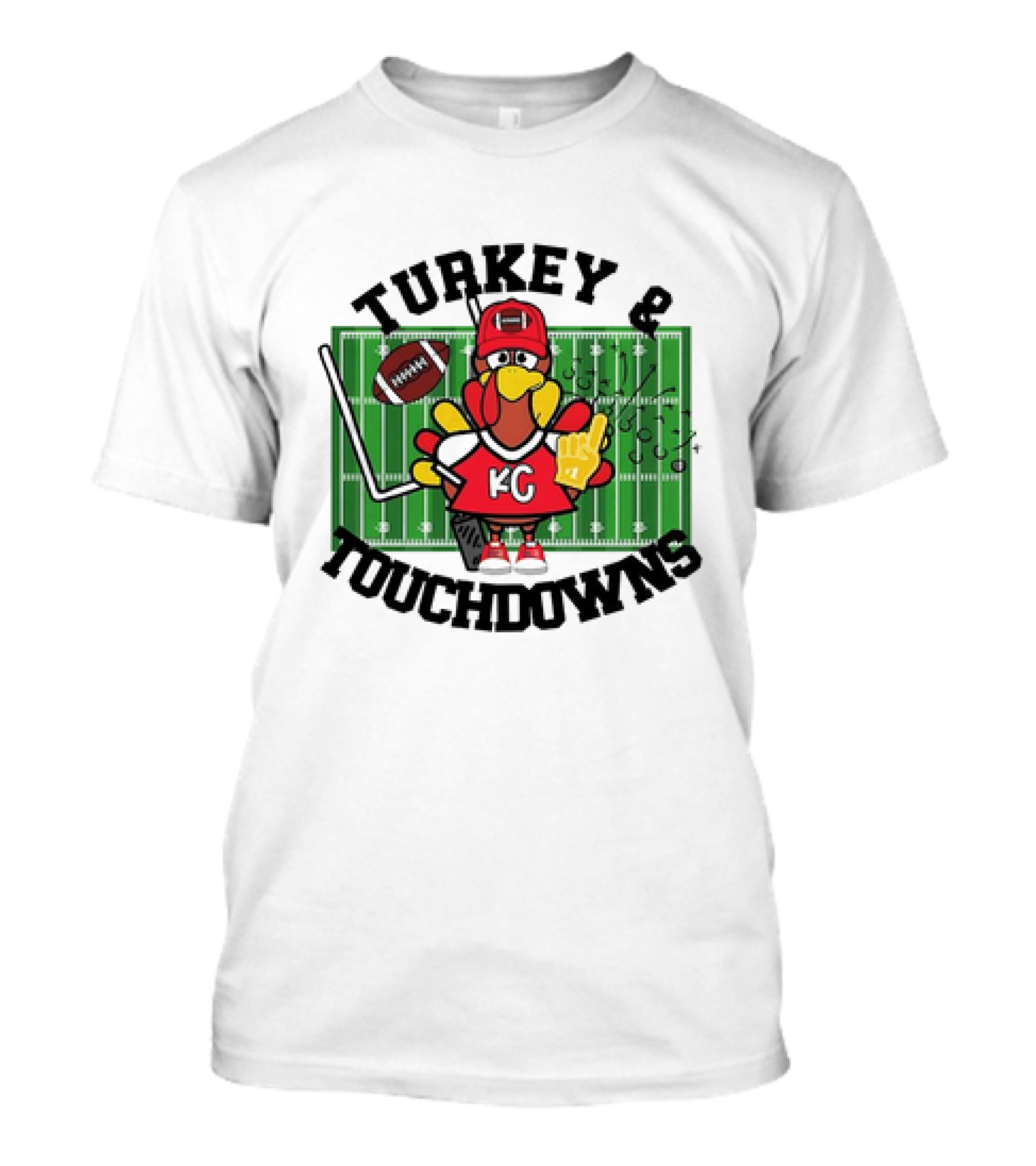 Turkey And Touchdowns Kansas City Chiefs Football Field Cartoon T-Shirt