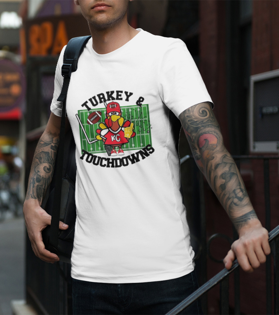 Turkey And Touchdowns Kansas City Chiefs Football Field Cartoon T-Shirt