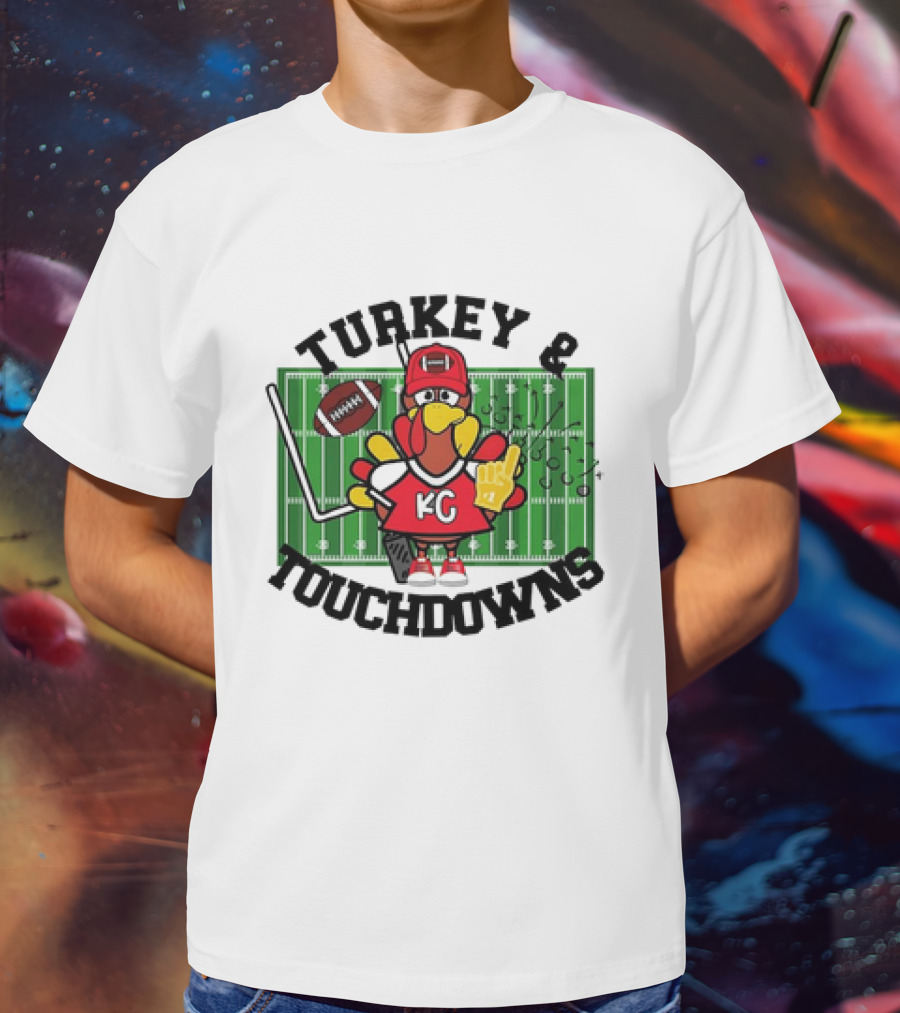 Turkey And Touchdowns Kansas City Chiefs Football Field Cartoon T-Shirt