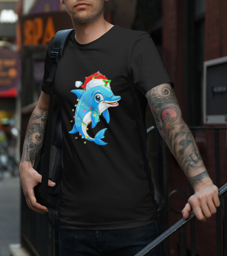 Dolphin In Santa Hat Wrapped In Christmas Tree Lights Pajamas T-Shirt