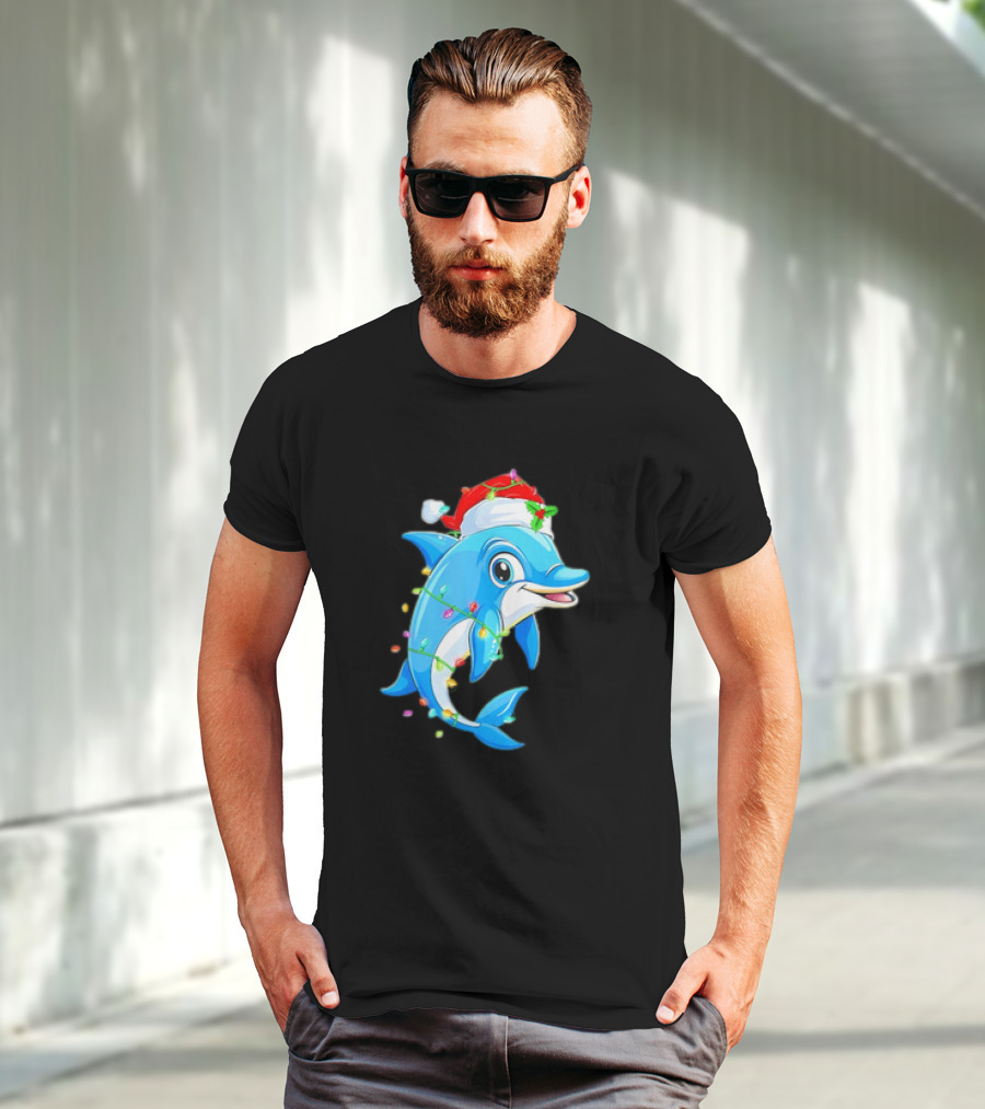 Dolphin In Santa Hat Wrapped In Christmas Tree Lights Pajamas T-Shirt