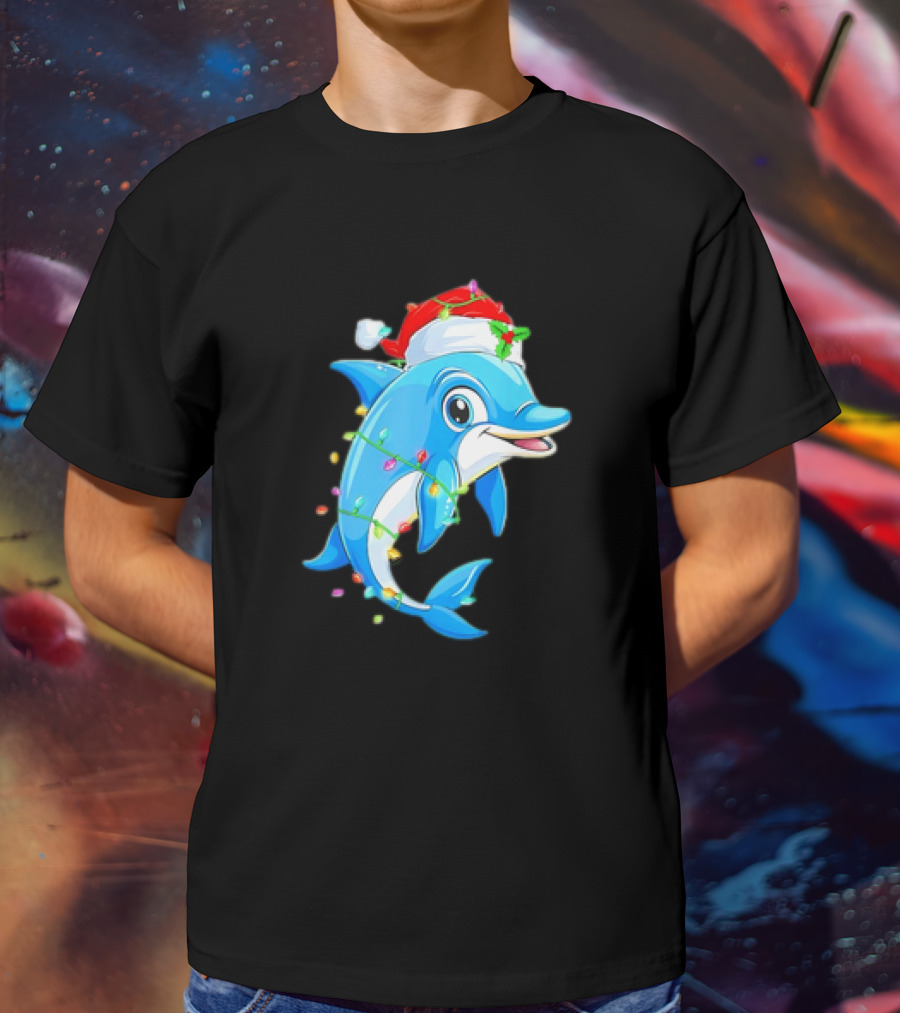 Dolphin In Santa Hat Wrapped In Christmas Tree Lights Pajamas T-Shirt