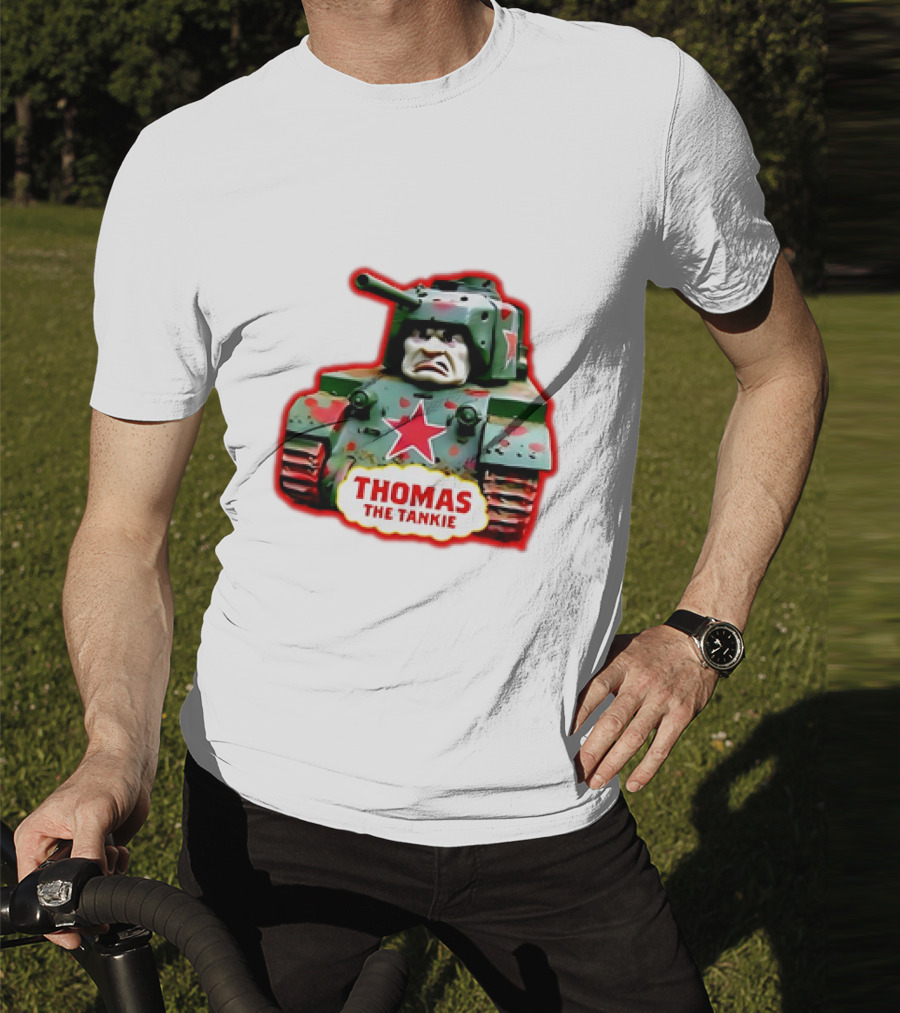 THOMAS THE TANKIE Green Camouflage Tank Red Star Cartoon Face T-Shirt