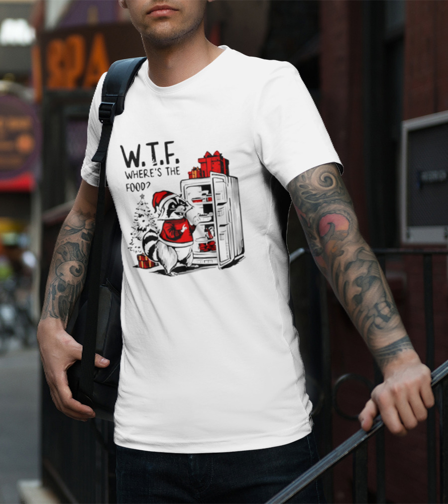 W.T.F. Where's The Food Christmas Foodie Raccoon With Fridge And Santa Hat T-Shirt