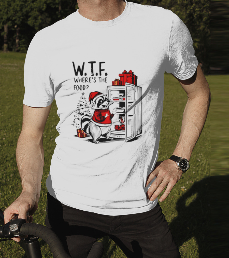 W.T.F. Where's The Food Christmas Foodie Raccoon With Fridge And Santa Hat T-Shirt