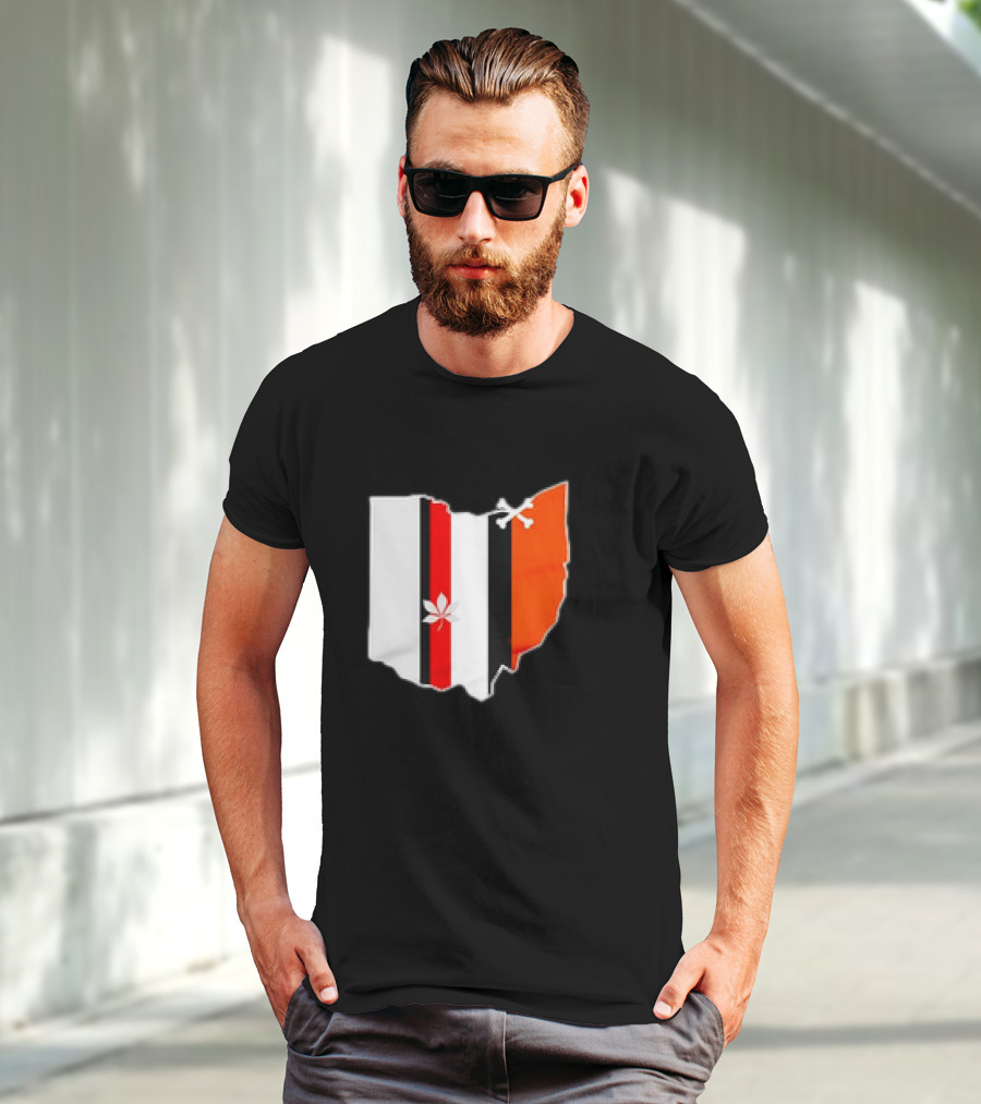 Ohio Map Stripes Football Buckeye Leaf Browns Colors T-Shirt