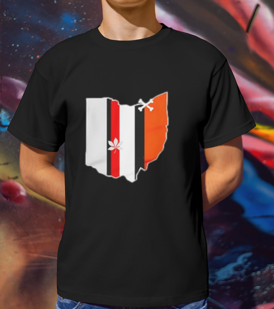 Ohio Map Stripes Football Buckeye Leaf Browns Colors T-Shirt