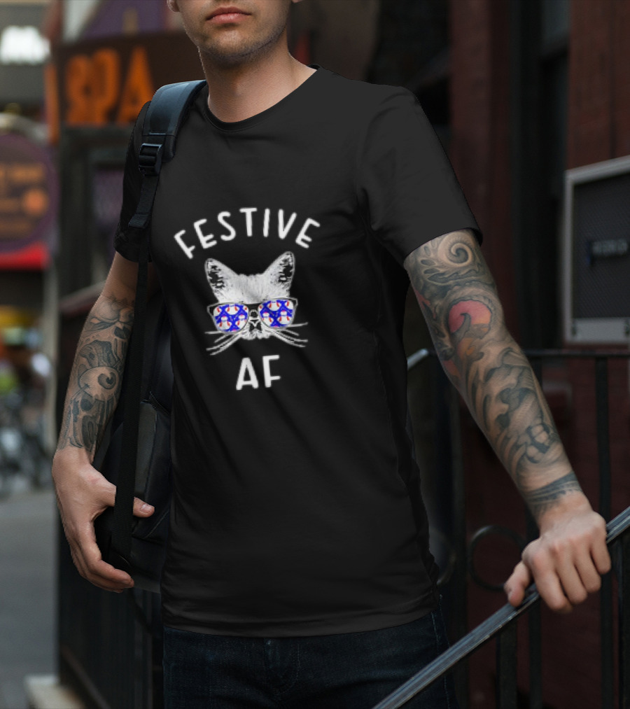 Festive AF Cat With Christmas Snowman Sunglasses T-Shirt