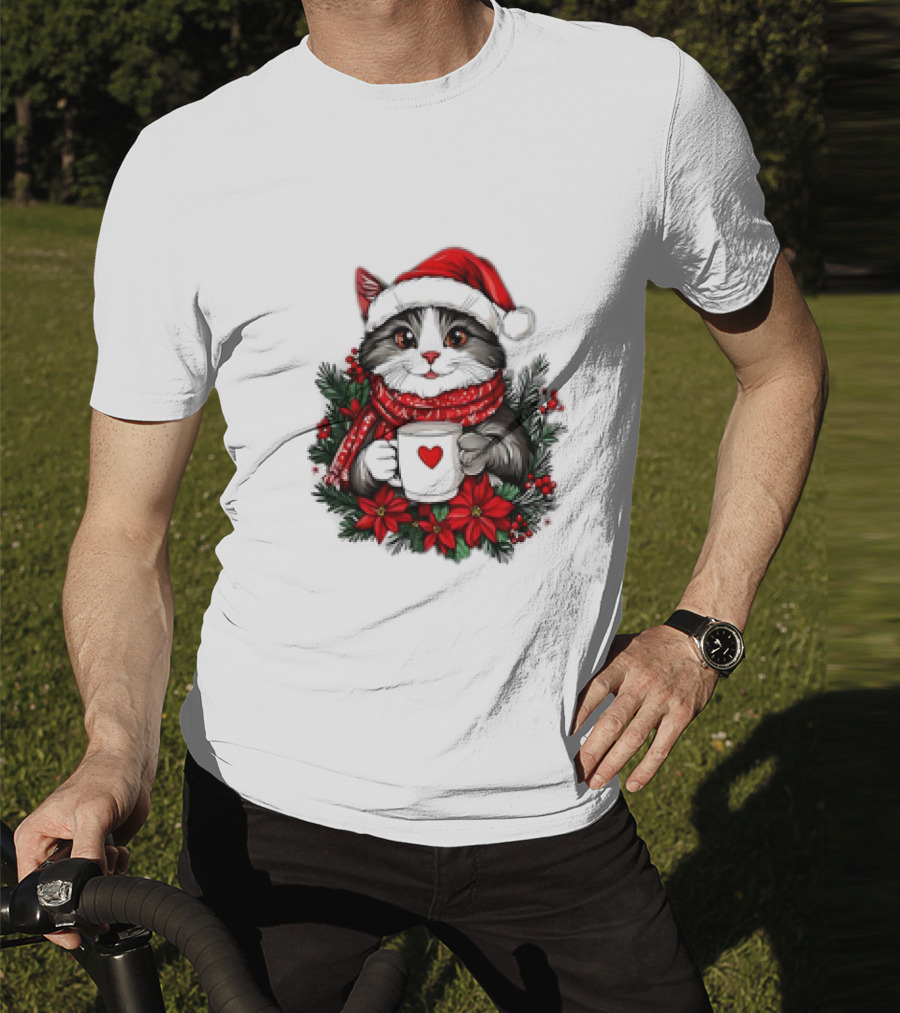 Christmas Cat Santa Hat Coffee Mug Festive T-Shirt