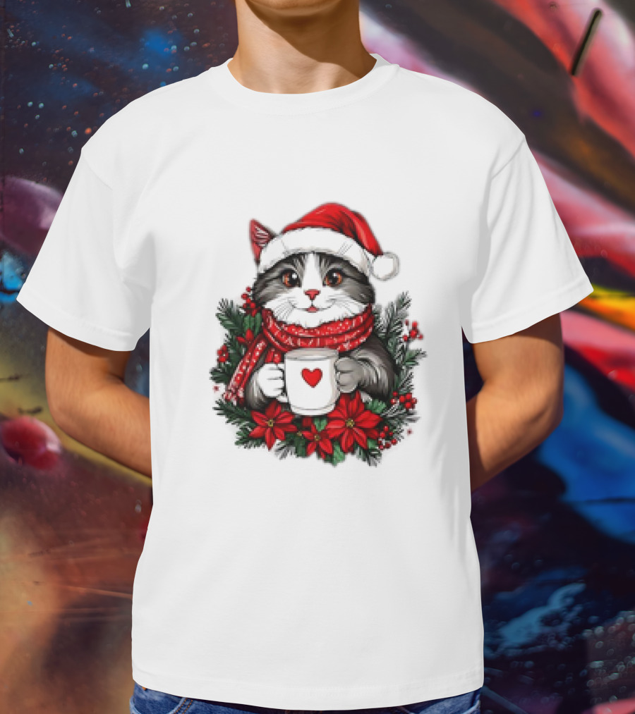 Christmas Cat Santa Hat Coffee Mug Festive T-Shirt