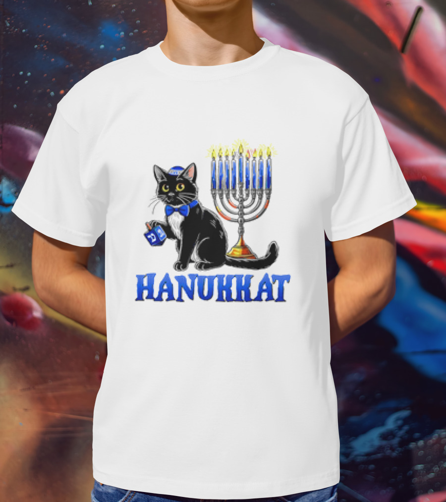 Hanukkat Cute Happy Hanukkah Jewish Cat Menorah Chanukah T-Shirt