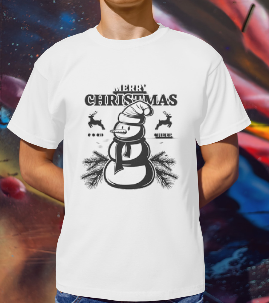 Merry Christmas Good Cheer Snowman With Reindeer And Pine Branches T-Shirt