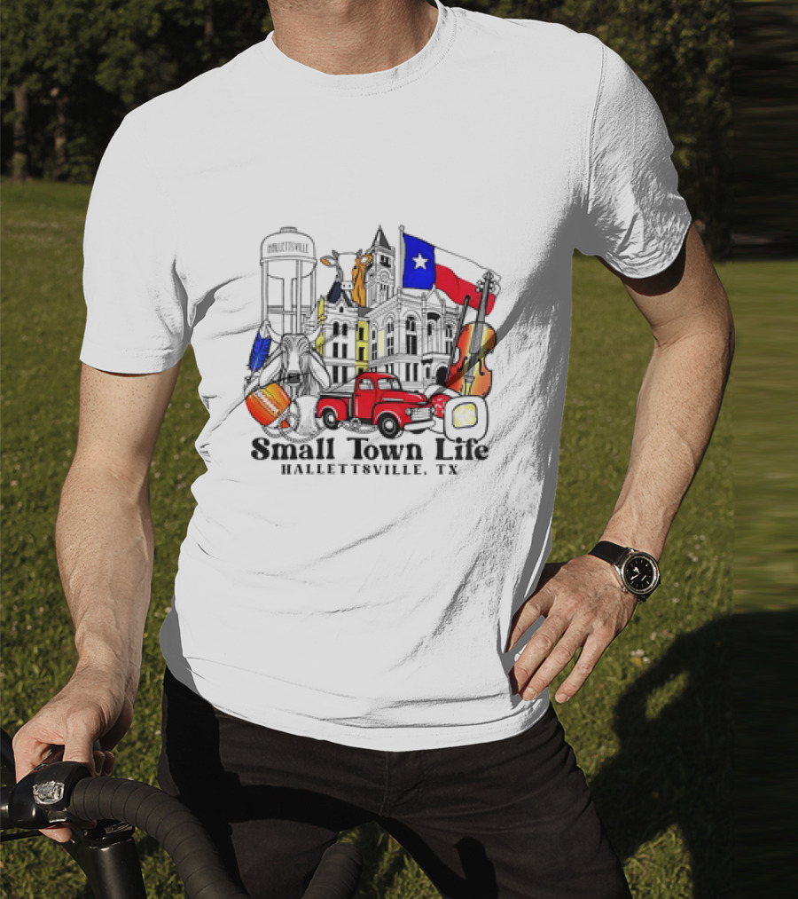 Small Town Life Hallettsville TX Water Tower Historic Courthouse Red Truck Texas Flag Cow Guitar T-Shirt