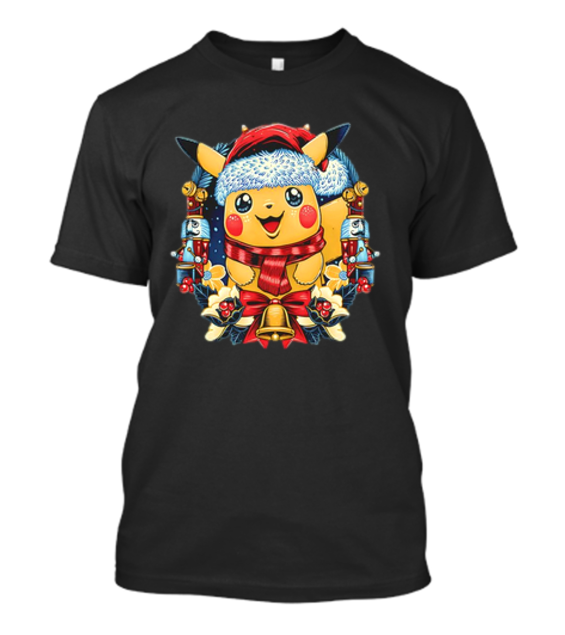 Pikachu Christmas Hat Scarf Nutcracker Bells Pokémon Holiday T-Shirt