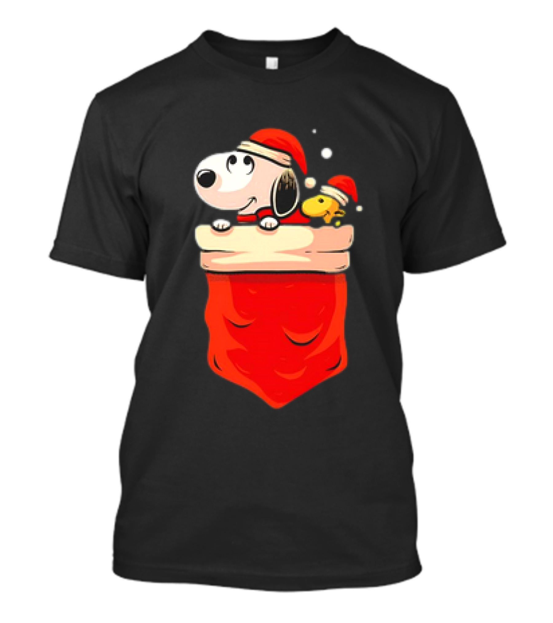 Snoopy And Woodstock Christmas Santa Hats In Red Pocket T-Shirt