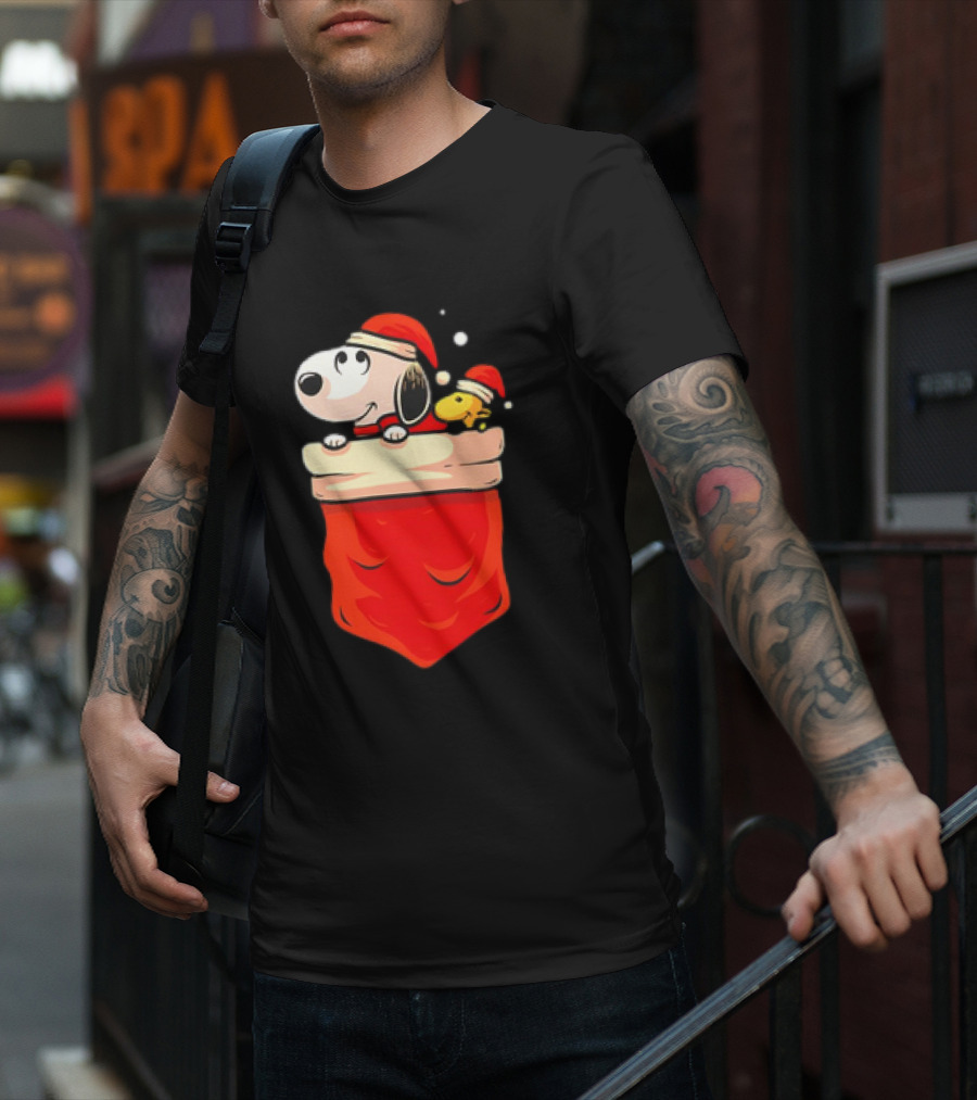 Snoopy And Woodstock Christmas Santa Hats In Red Pocket T-Shirt