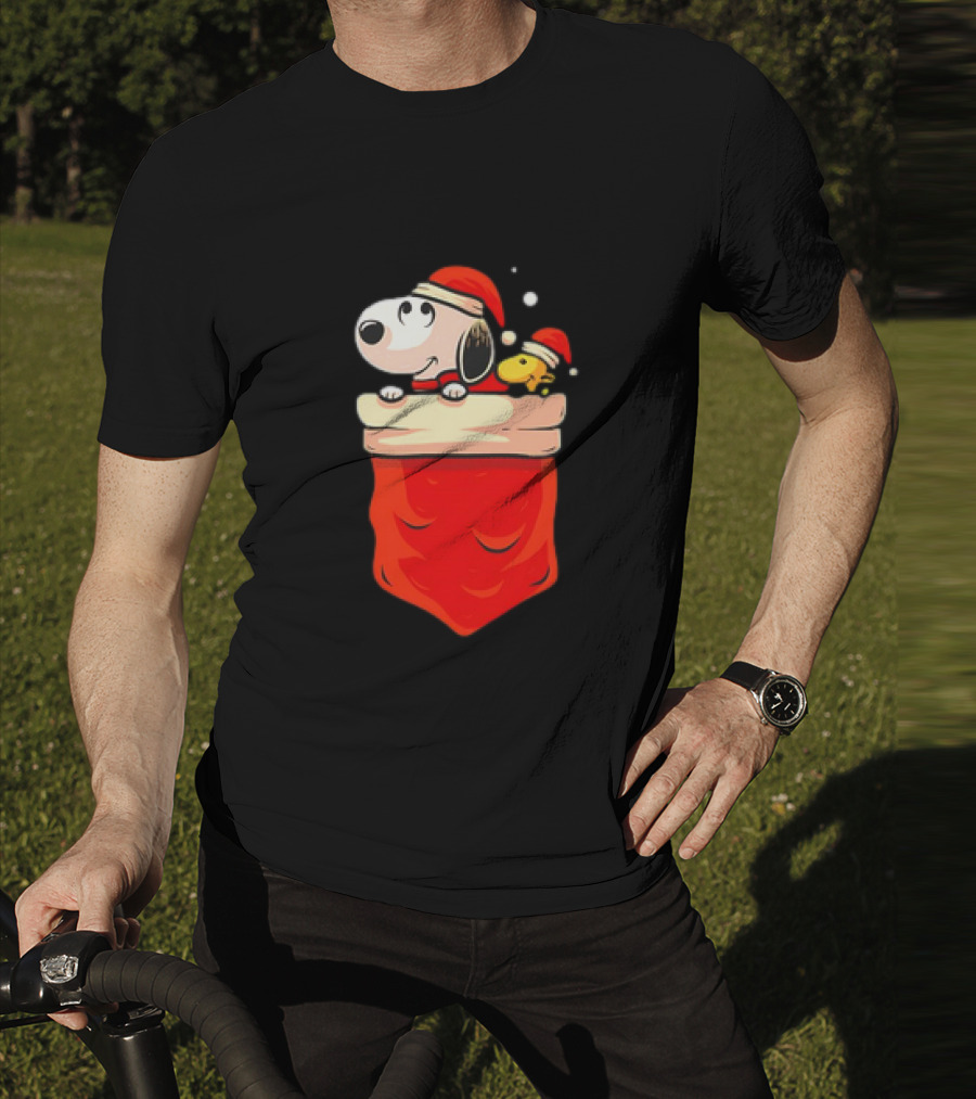 Snoopy And Woodstock Christmas Santa Hats In Red Pocket T-Shirt