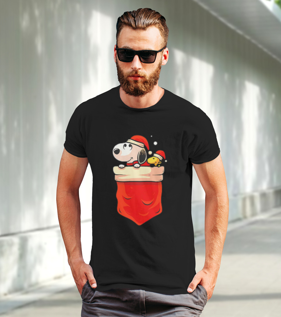Snoopy And Woodstock Christmas Santa Hats In Red Pocket T-Shirt