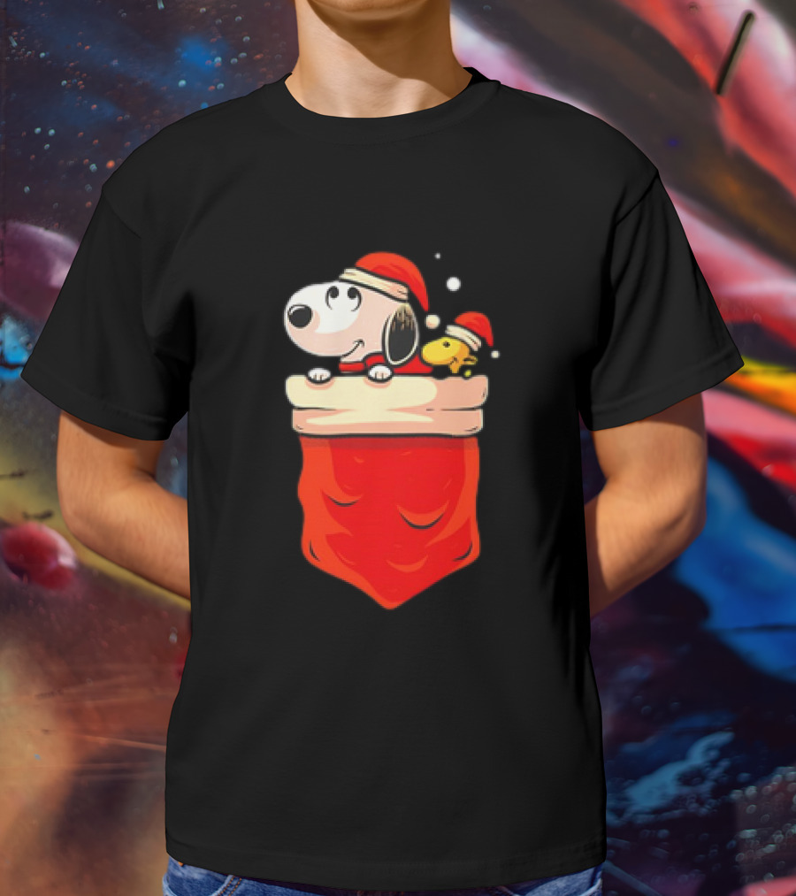 Snoopy And Woodstock Christmas Santa Hats In Red Pocket T-Shirt