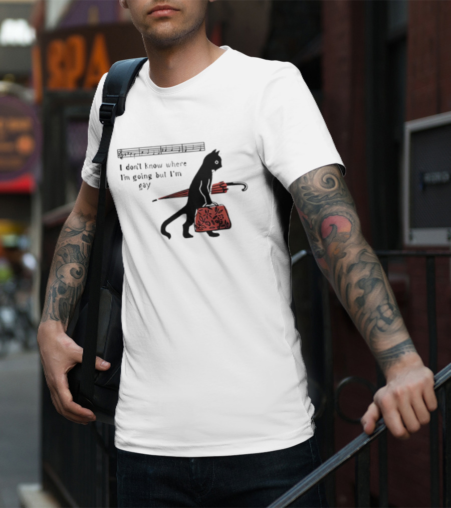 I Don't Know Where I'm Going But I'm Gay Cat With Umbrella And Bag T-Shirt