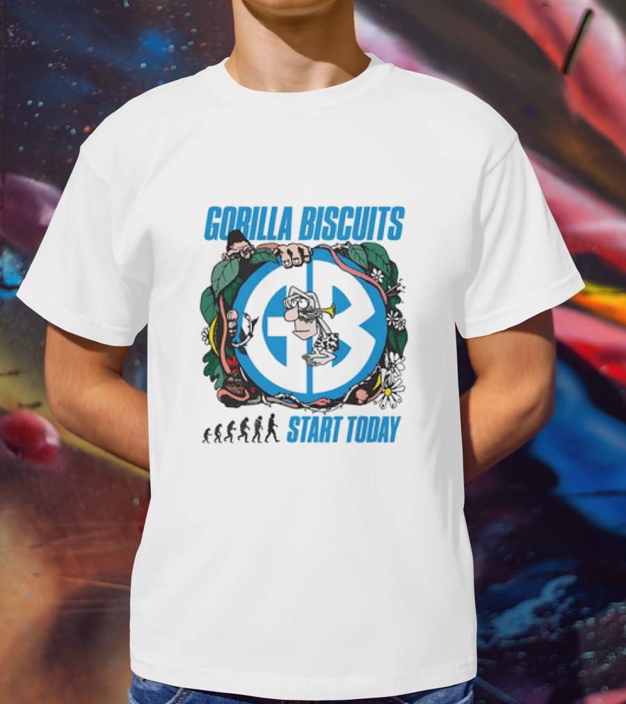 Gorilla Biscuits Start Today Evolution Theme Logo With Characters And Nature Elements T-Shirt