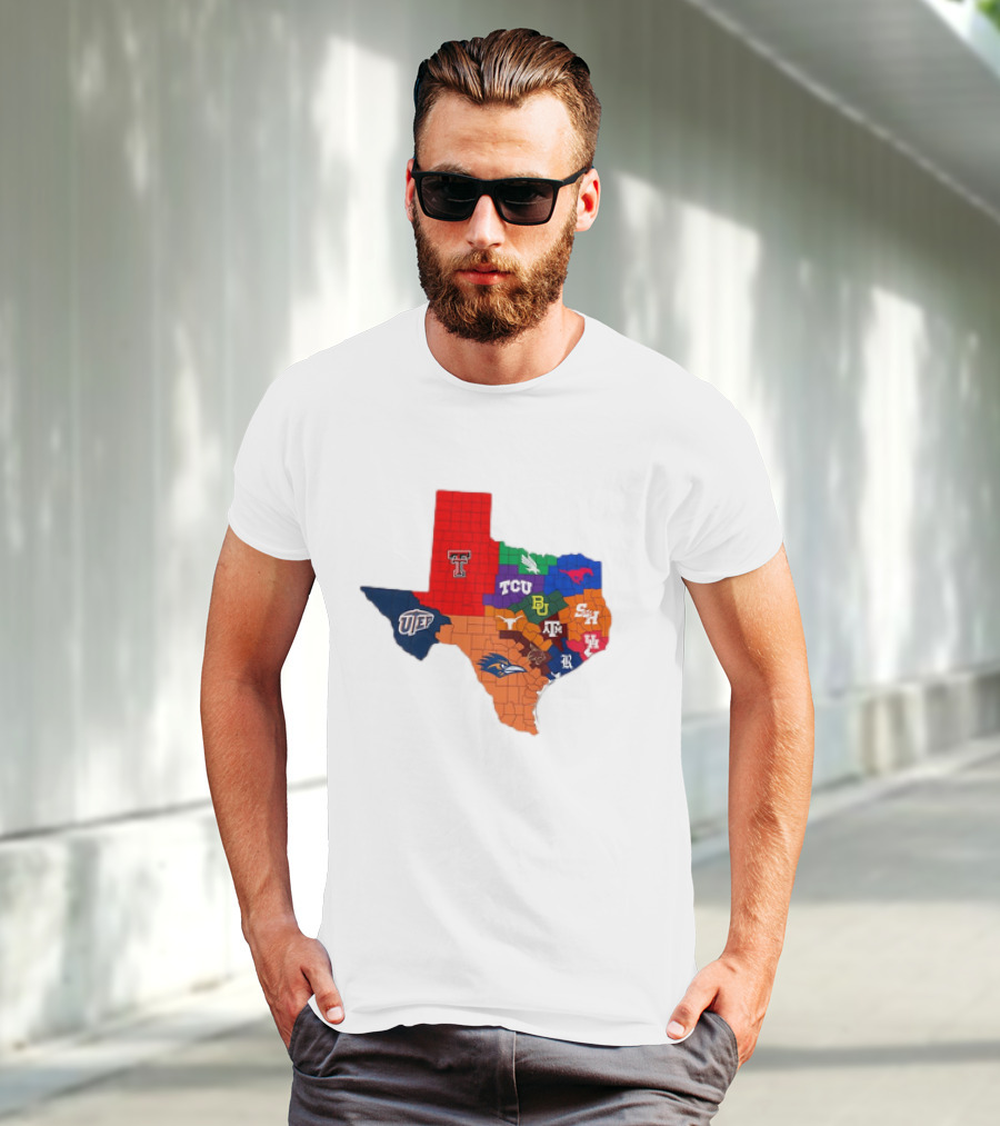 Map Of Texas College Football Teams Featuring TCU Baylor Texas A&M Texas Tech UTEP T-Shirt