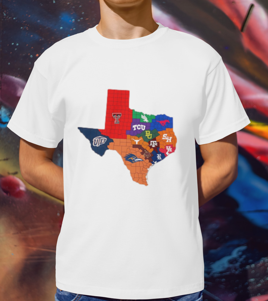Map Of Texas College Football Teams Featuring TCU Baylor Texas A&M Texas Tech UTEP T-Shirt