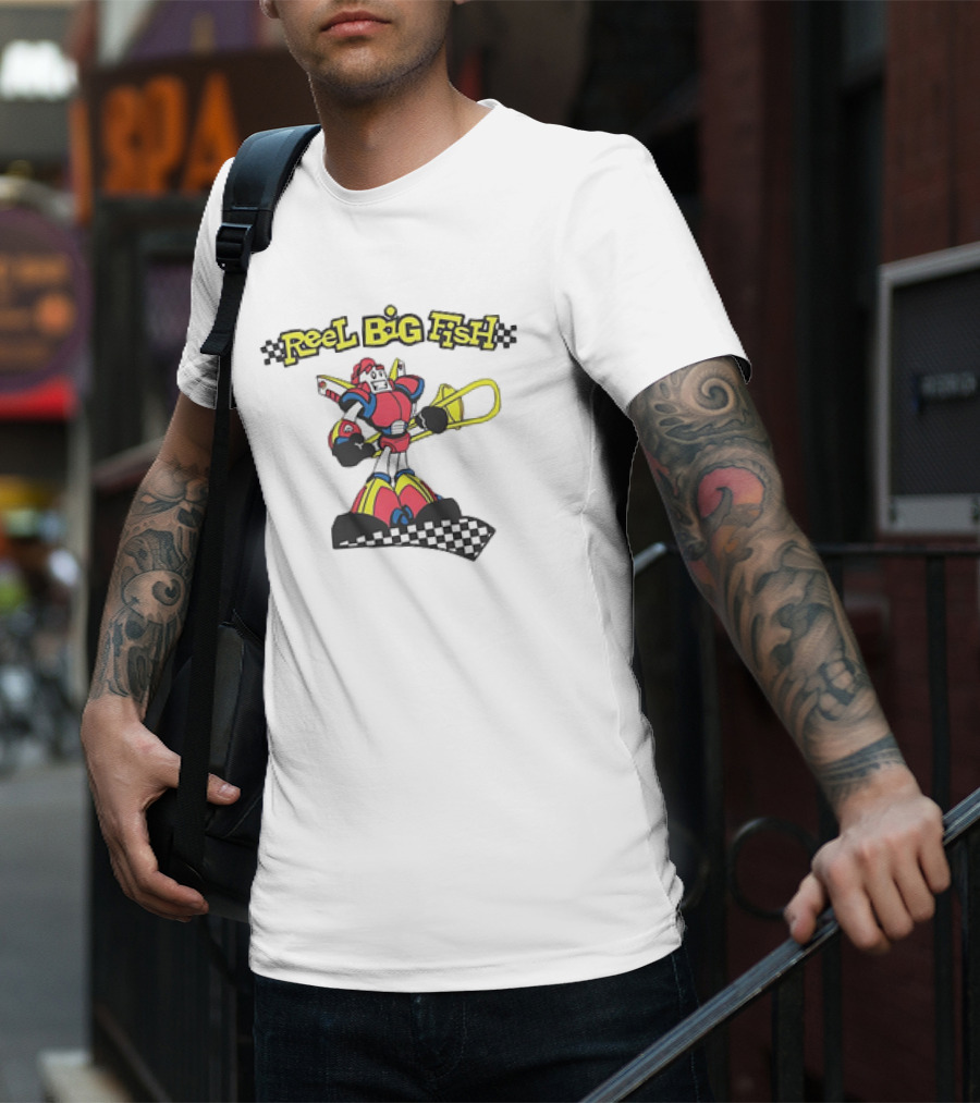 Reel Big Fish Robot Character With Trombone And Checkerboard T-Shirt