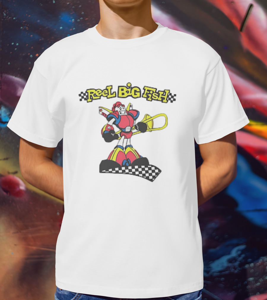 Reel Big Fish Robot Character With Trombone And Checkerboard T-Shirt